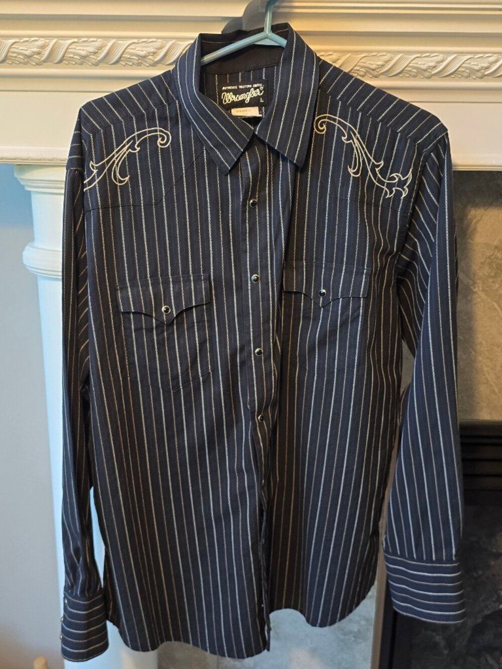 Vintage Wrangler Authentic Western Snap Shirt - Black Dobby Stripe & Embroidered